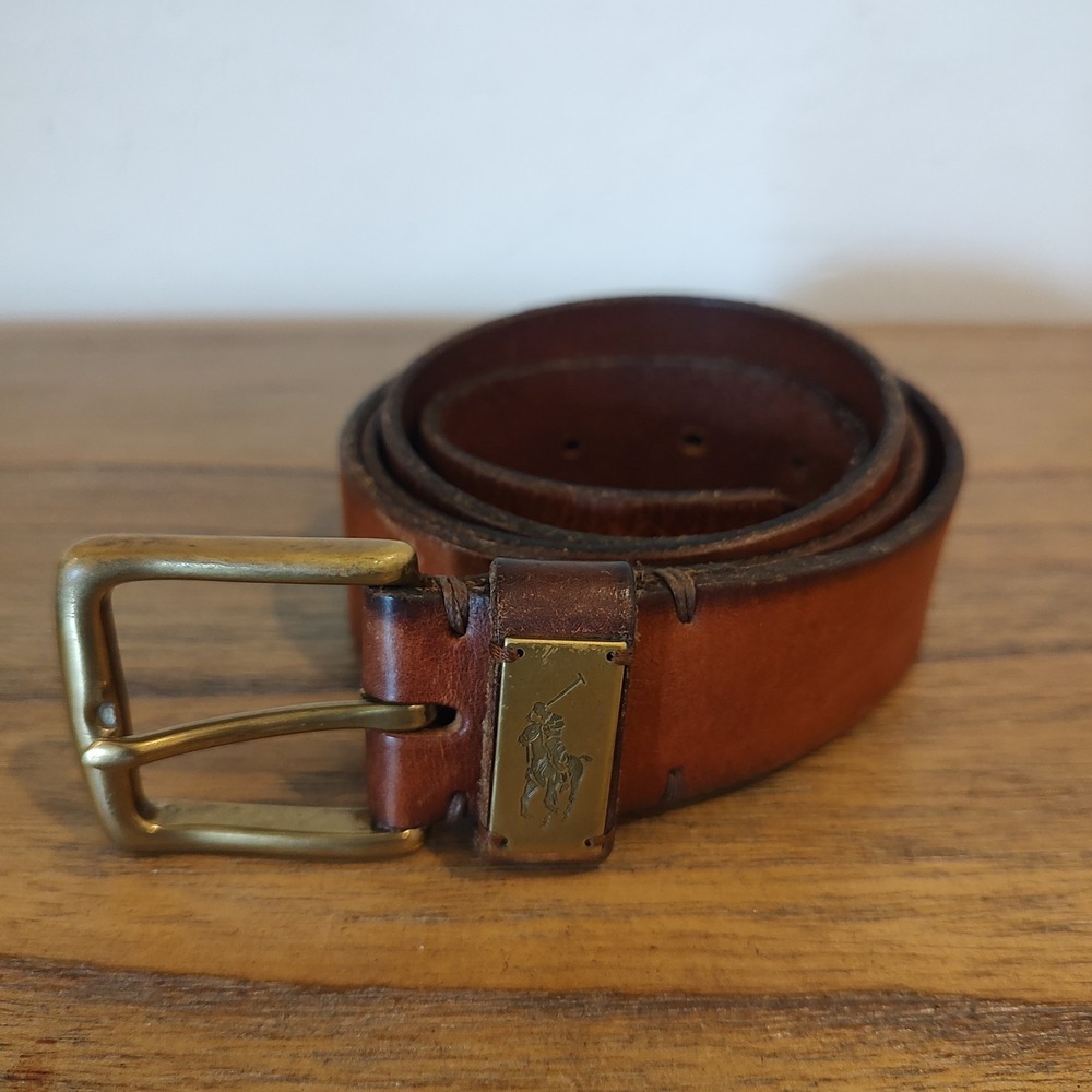 Polo Ralph Lauren Leather Belt Brown Brass Buckle Size 38 Vintage Y2K Pony Logo